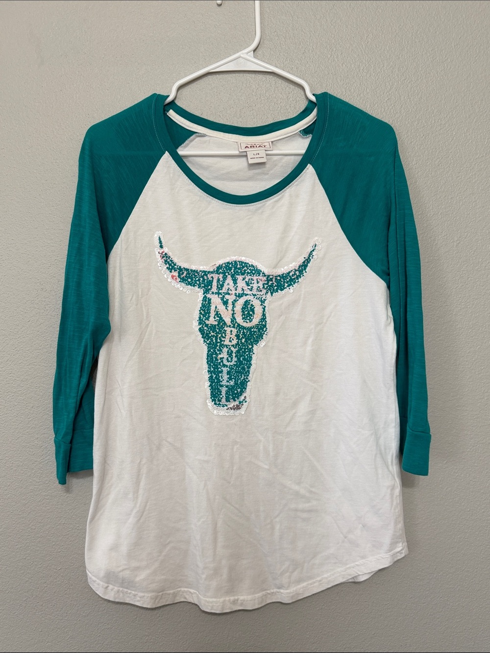 Ariat  Teal and White Raglan 'Take No Bull' Sequin Graphic Top Large
